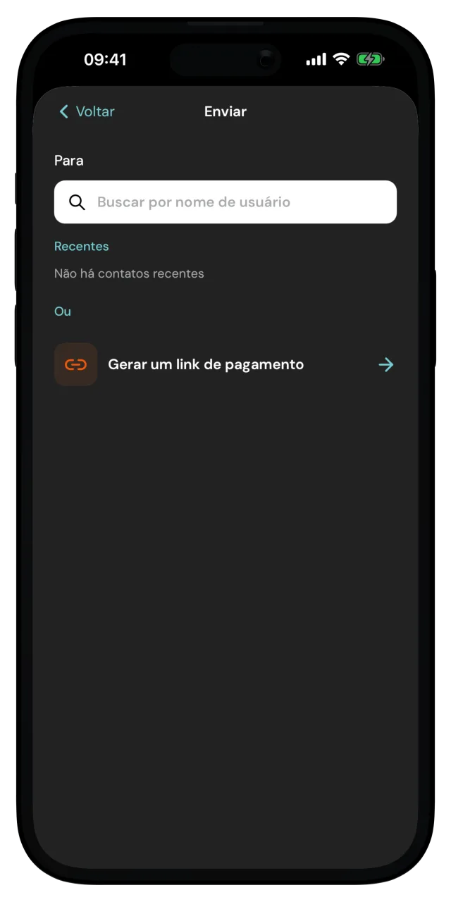 Tela de destinatário com a opção Gerar um link de pagamento abaixo dos contatos recentes