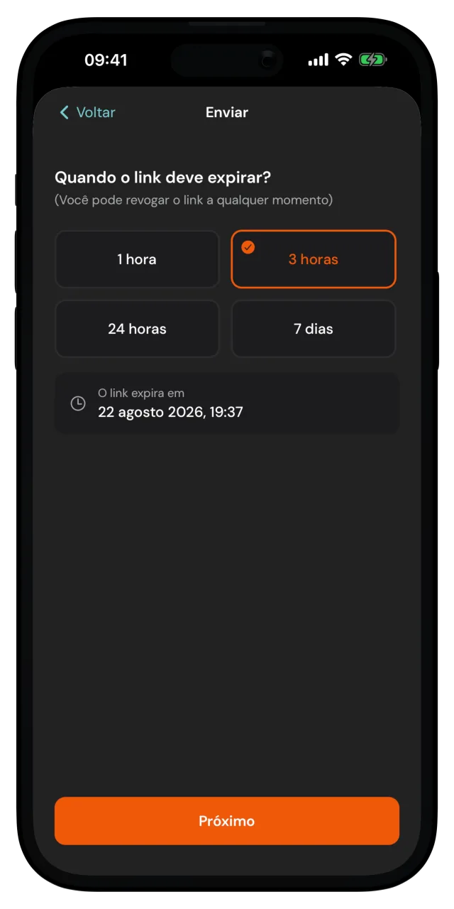Tela para escolher quando o link expira, com opções de 1 hora a 7 dias