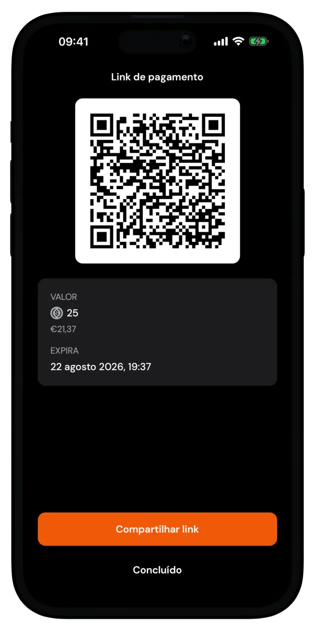 Tela Link de pagamento com QR code, o valor, a expiração e o botão Compartilhar link