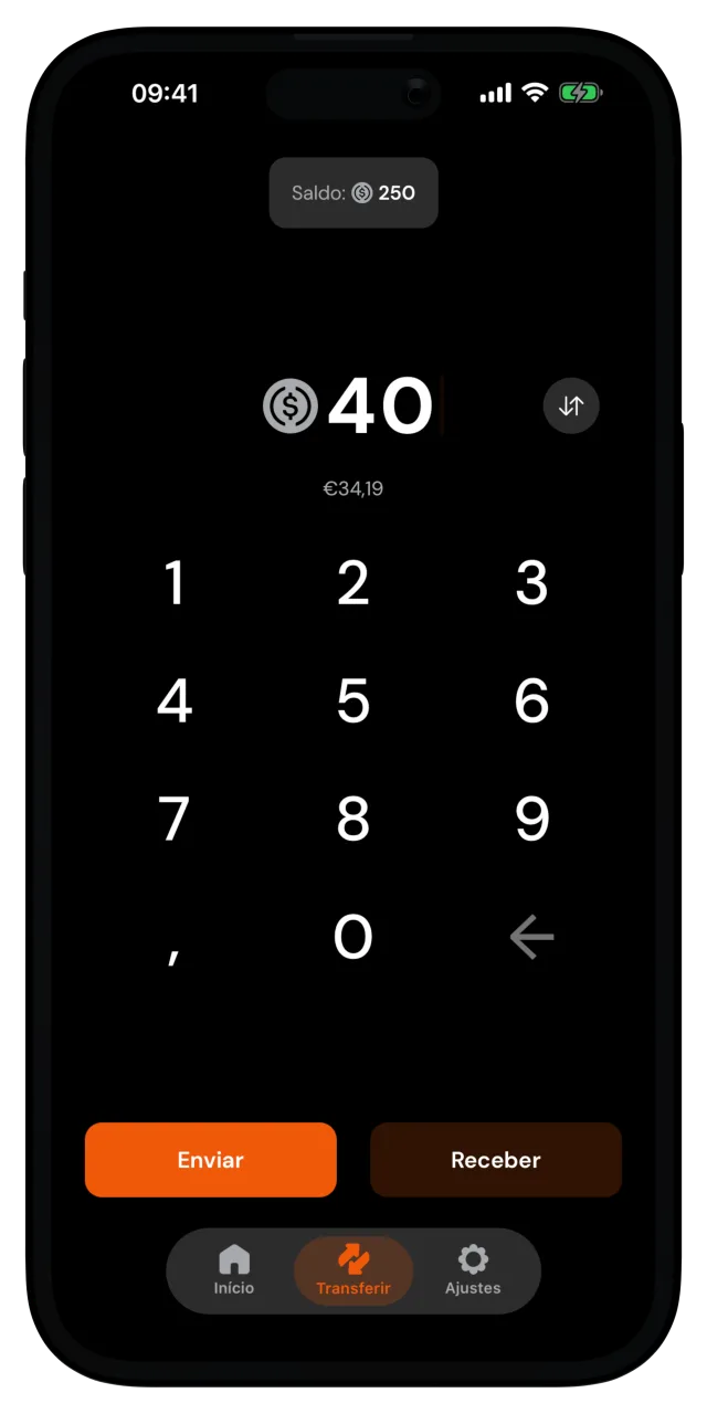 Aba Transferir com um valor digitado e os botões Enviar e Receber