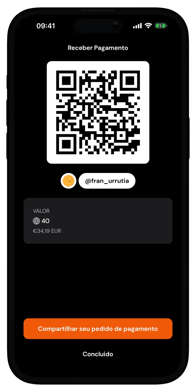 Tela Receber Pagamento com QR code, o valor e o botão de compartilhar o pedido