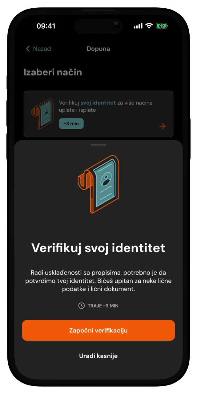 Ekran za dopunu sa prozorom za verifikaciju identiteta i dugmetom za početak verifikacije