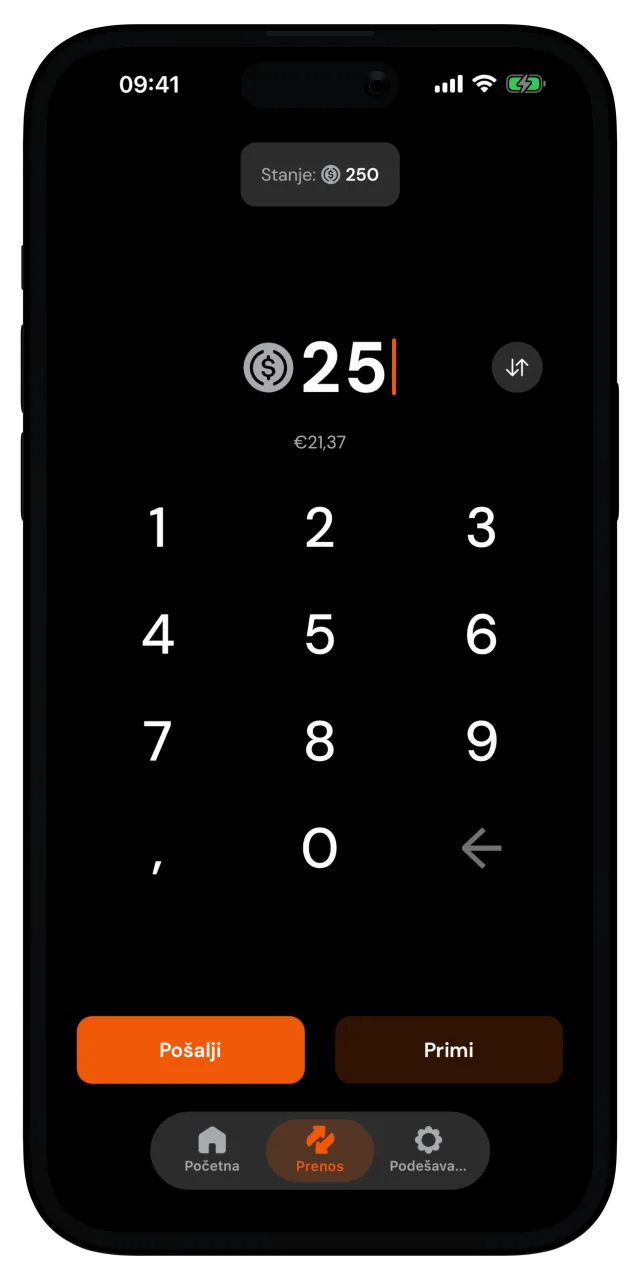 Tab Prenos sa unetim iznosom i dugmetom Pošalji