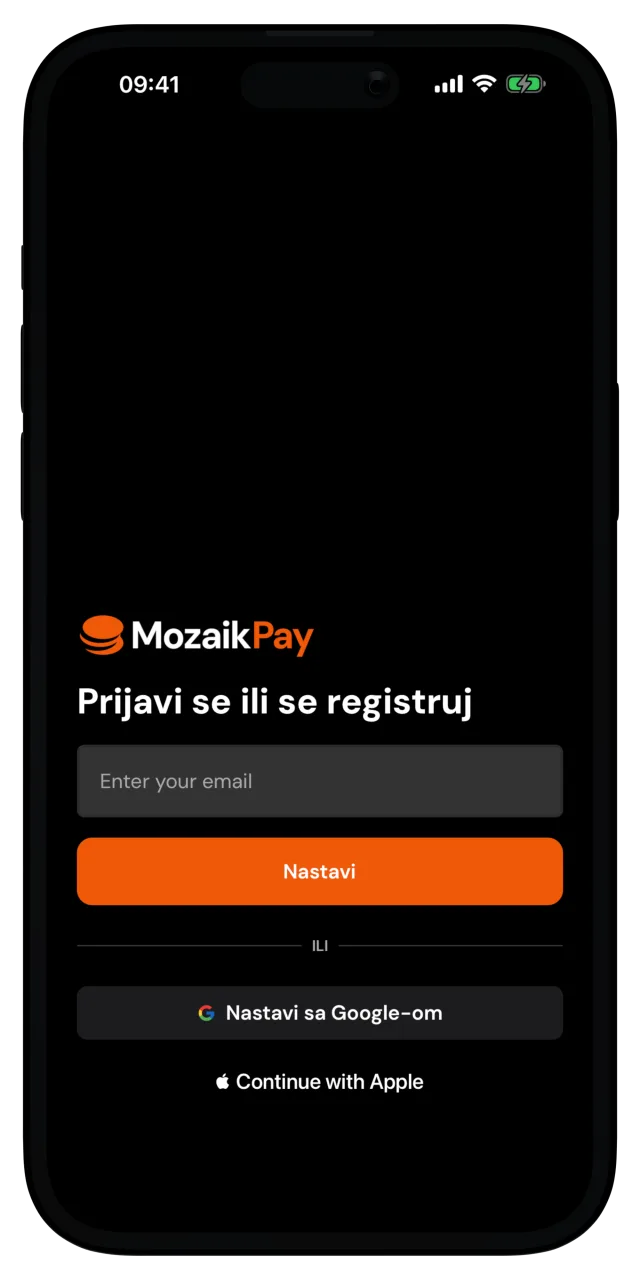 Ekran za prijavu ili registraciju sa poljem za mejl i opcijama za Google i Apple