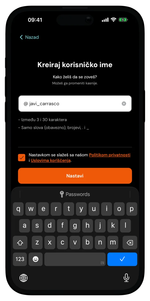 Ekran za kreiranje korisničkog imena sa unetim imenom