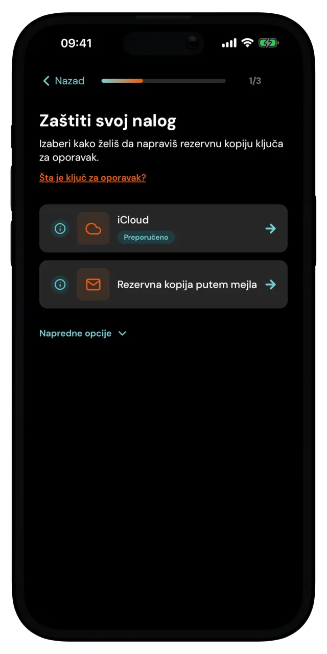 Ekran Zaštitite svoj nalog sa opcijama rezervne kopije na iCloud-u i putem mejla