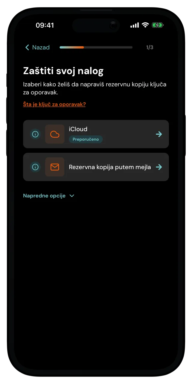 Ekran Zaštiti svoj nalog sa opcijama rezervne kopije