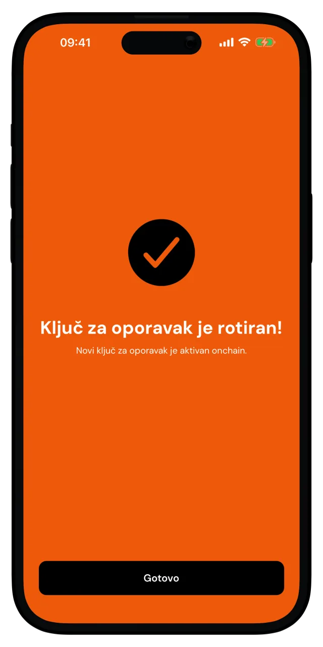 Ekran uspeha koji potvrđuje rotaciju ključa za oporavak