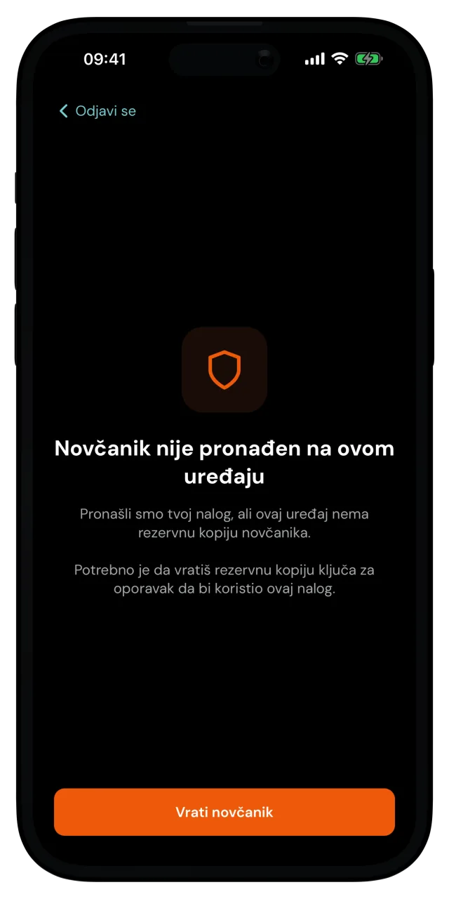 Ekran Novčanik nije pronađen na ovom uređaju sa dugmetom Vrati novčanik