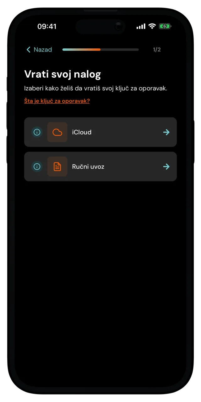 Ekran Vrati svoj nalog sa opcijama iCloud i Ručni uvoz