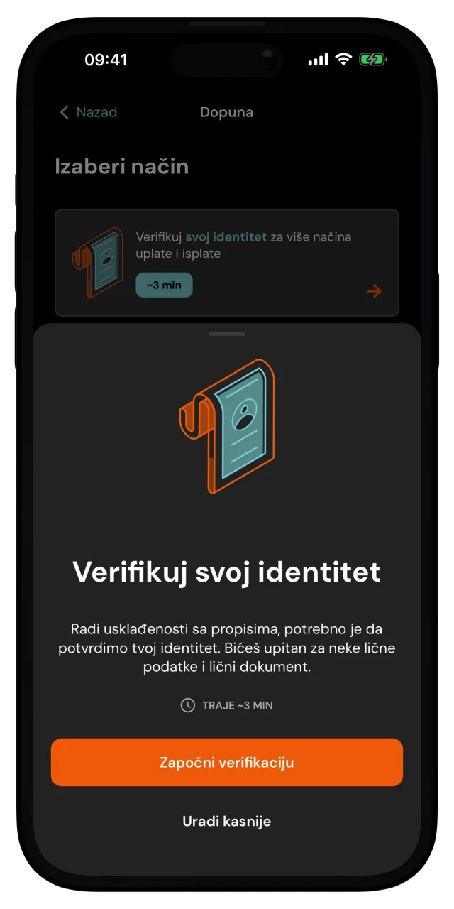 Prozor Verifikuj svoj identitet sa dugmetom Započni verifikaciju