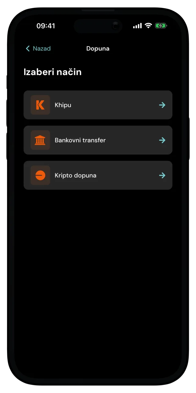 Ekran Dopuna sa Khipu, Bankovni transfer i Kripto dopuna