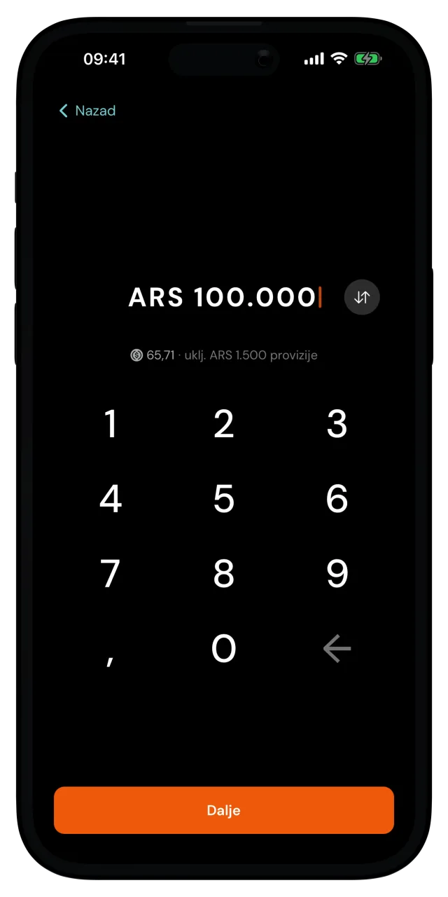 Ekran iznosa uplate sa unetih 100.000 argentinskih pezosa