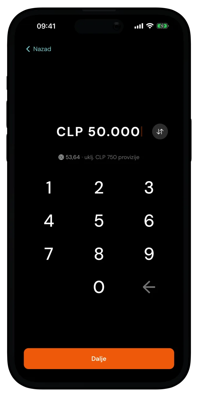 Ekran iznosa uplate sa unetih 50.000 čileanskih pezosa