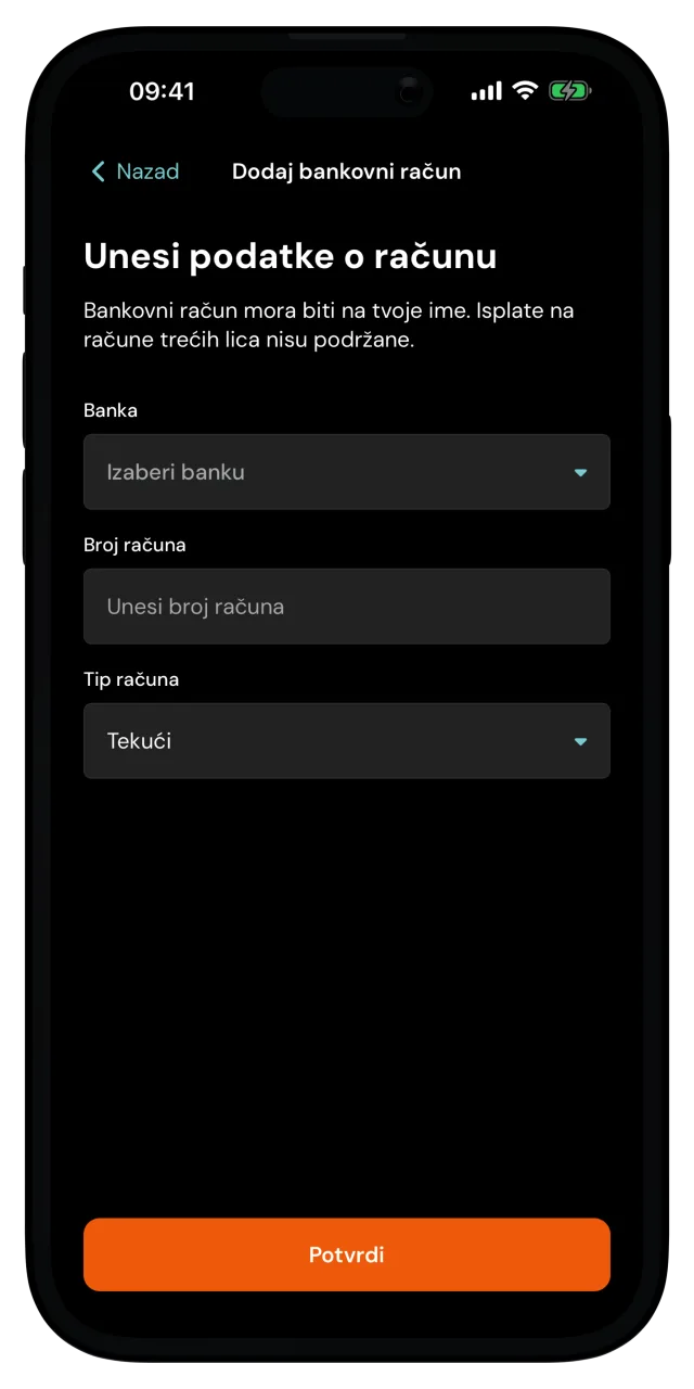 Ekran Dodaj bankovni račun sa poljima Banka, Broj računa i Tip računa