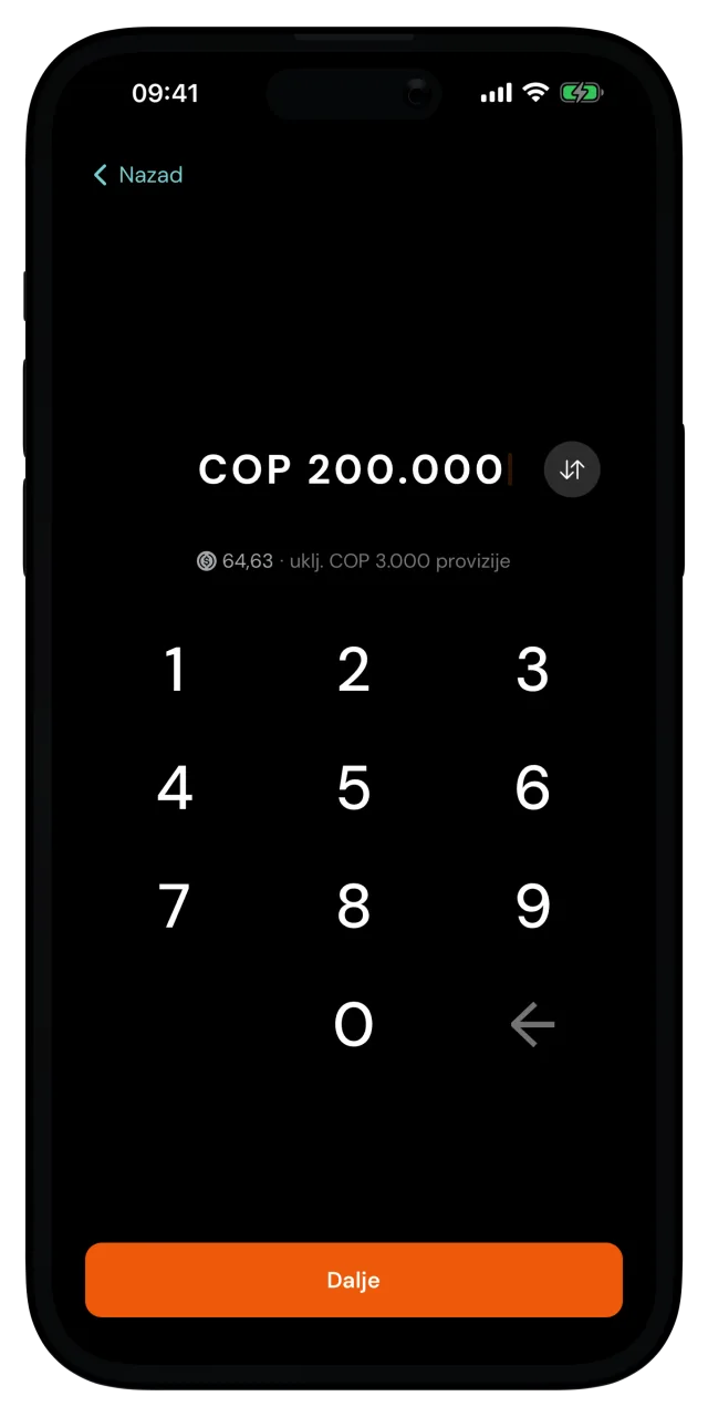 Ekran iznosa uplate sa unetih 200.000 kolumbijskih pezosa