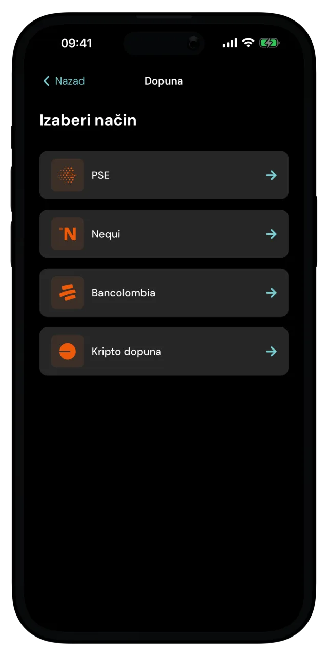 Ekran Dopuna sa PSE, Nequi, Bancolombia i Kripto dopuna