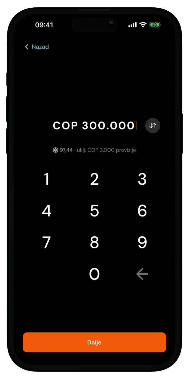 Ekran iznosa uplate sa unetih 300.000 kolumbijskih pezosa