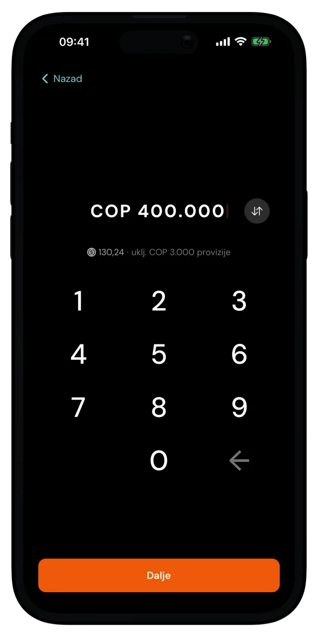 Ekran iznosa uplate sa unetih 400.000 kolumbijskih pezosa