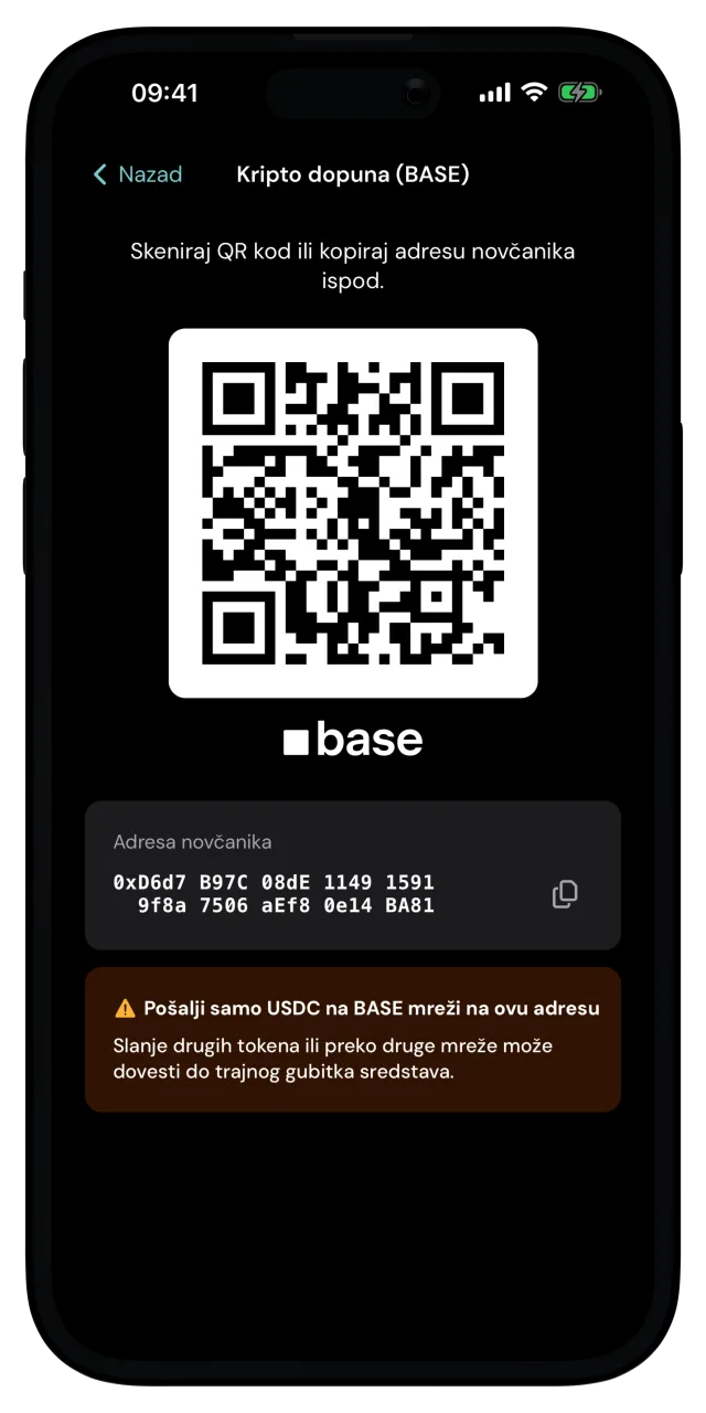 Ekran Kripto dopuna (BASE) sa QR kodom i adresom novčanika