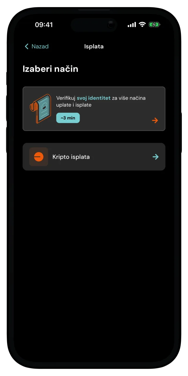 Ekran Isplata sa opcijom Kripto isplata