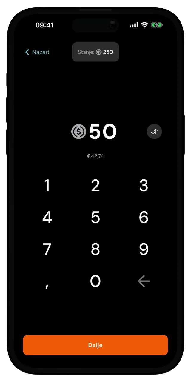 Ekran iznosa kripto isplate sa unetih 50 digitalnih dolara