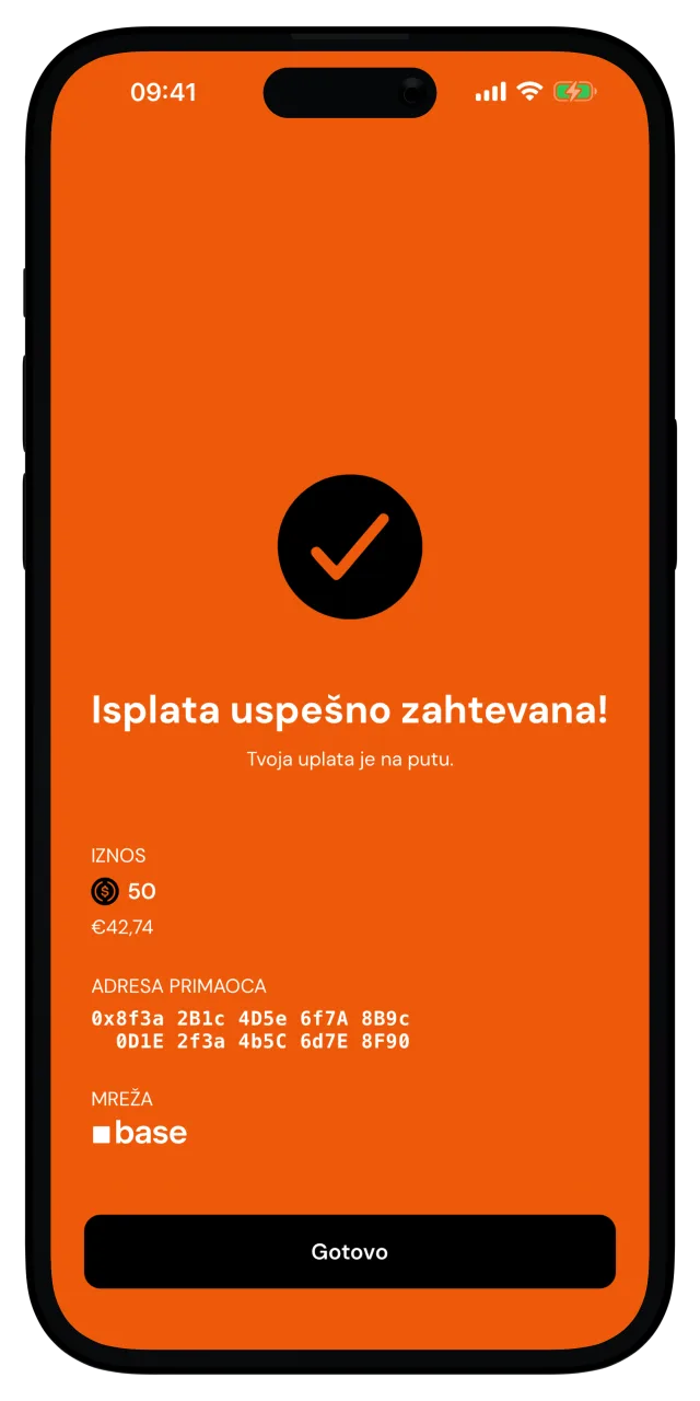 Ekran uspeha koji potvrđuje da je zahtev za isplatu poslat