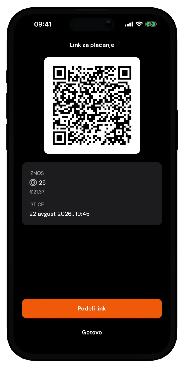 Ekran Link za plaćanje sa QR kodom, iznosom, rokom važenja i dugmetom Podeli link