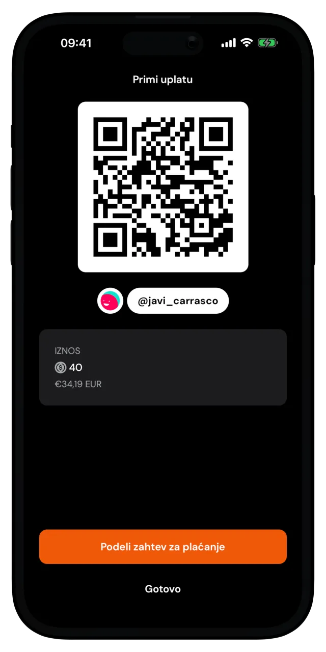 Ekran Primi uplatu sa QR kodom, iznosom i dugmetom za deljenje zahteva